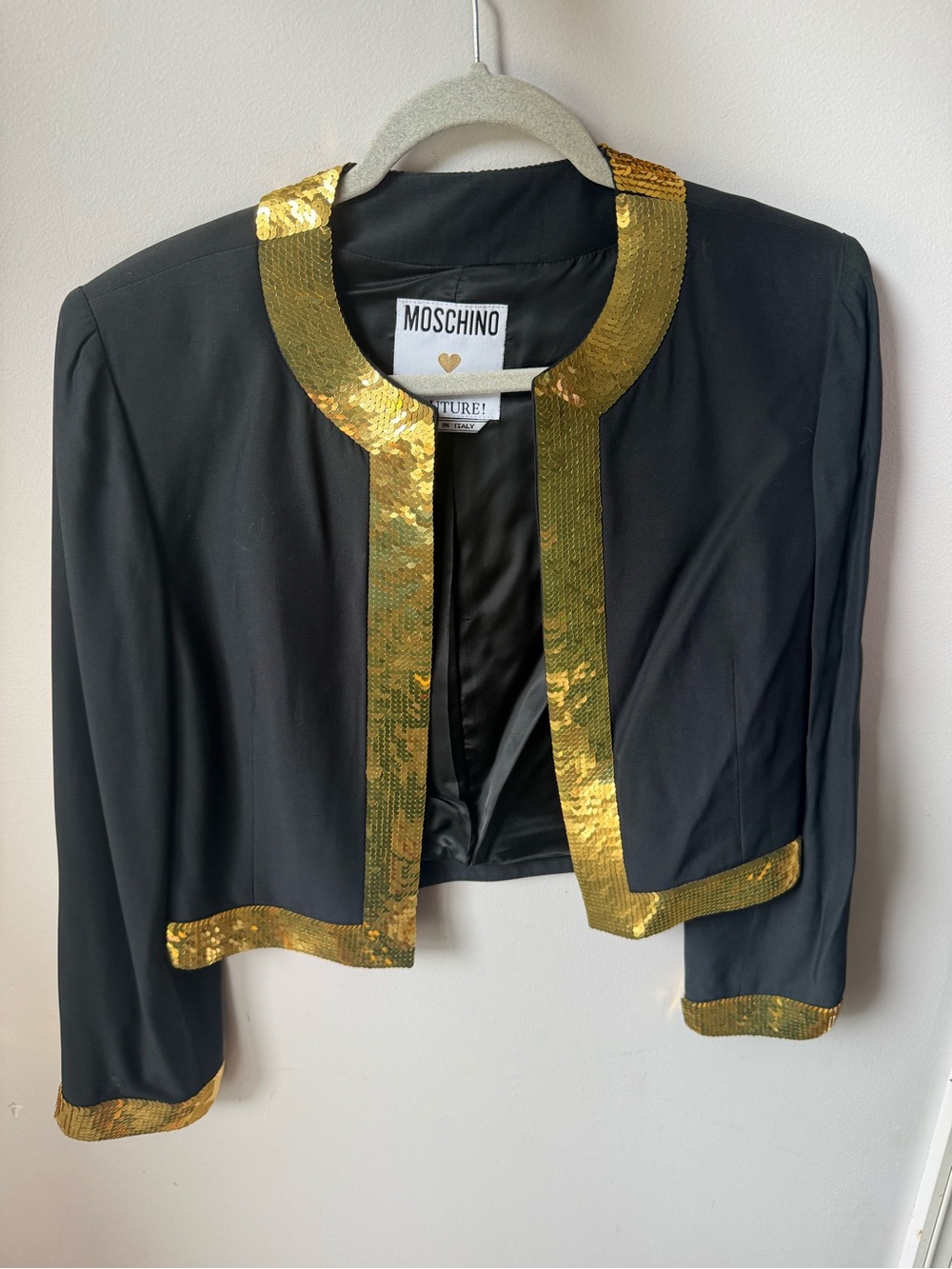 Moschino Couture Black Cropped Blazer with Gold Sequin Trim